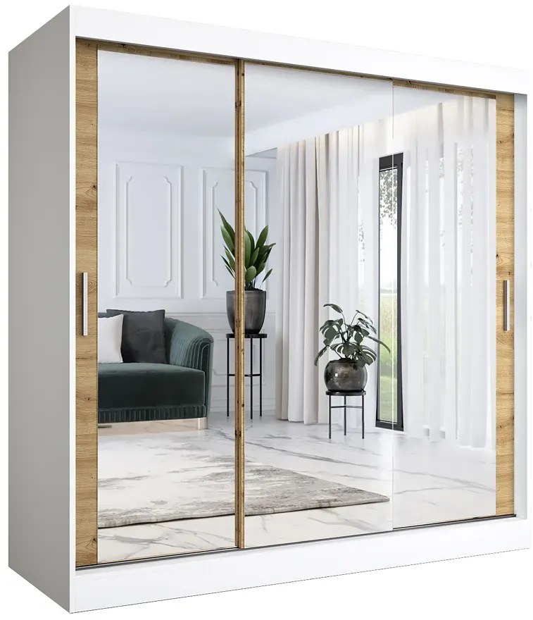 Szafa przesuwna z lustrem biały + dąb artisan 200 cm - Kukkin 6X