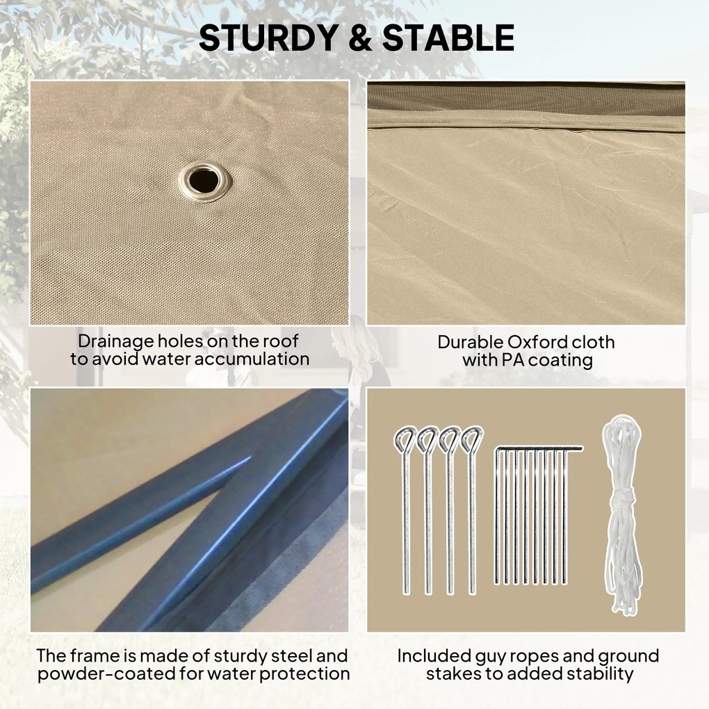 Outsunny Składany Pawilon, Ogrodowy Pawilon, Metal i Planowany Materiał, Zasłony z Siatki, Otwory Odpływowe, 330 dł. x 330 szer. x 288 wys. cm, Beżowy
