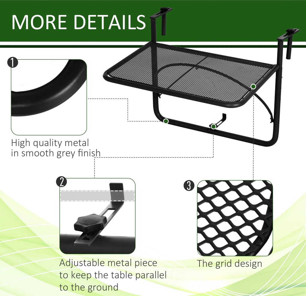 Outsunny Stół Wiszący Balkonowy Kwadratowy Regulowana Wysokość Metalowy Czarny 60x565x45cm | Aosom PL