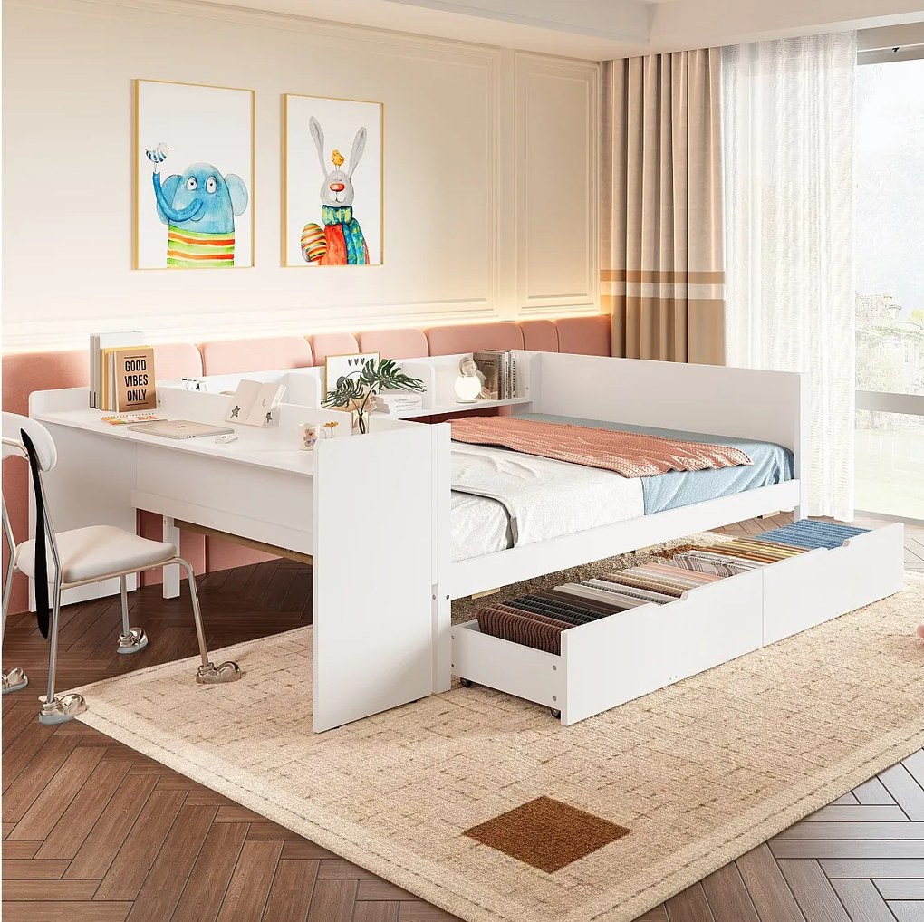 łóżko dwuosobowe ze schowkiem - 140 x 200 cm - 2 szuflady + biurko - bez materaca - sosna + płyta wiórowa - białe