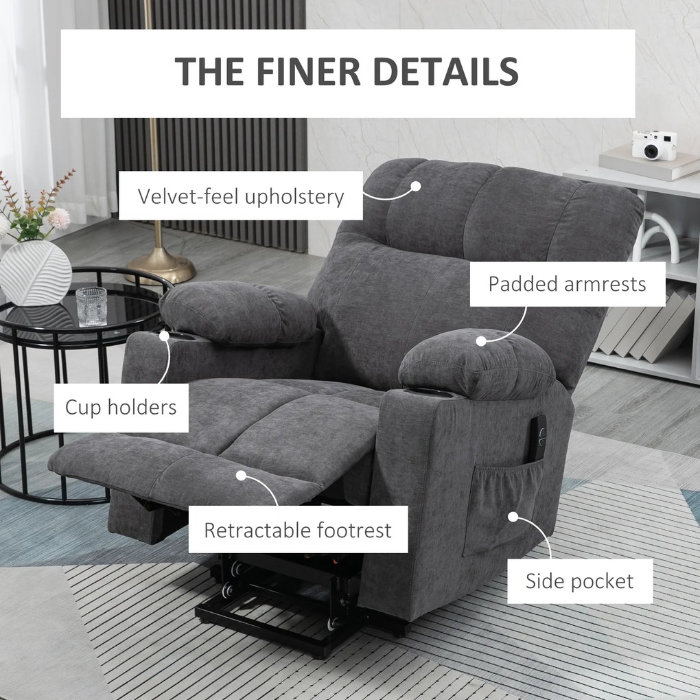 HOMCOM Fotel dla seniora z funkcją podnoszenia i leżenia z pilotem ciemnoszary 144 cm x 91 cm x 88 cm | Aosom PL