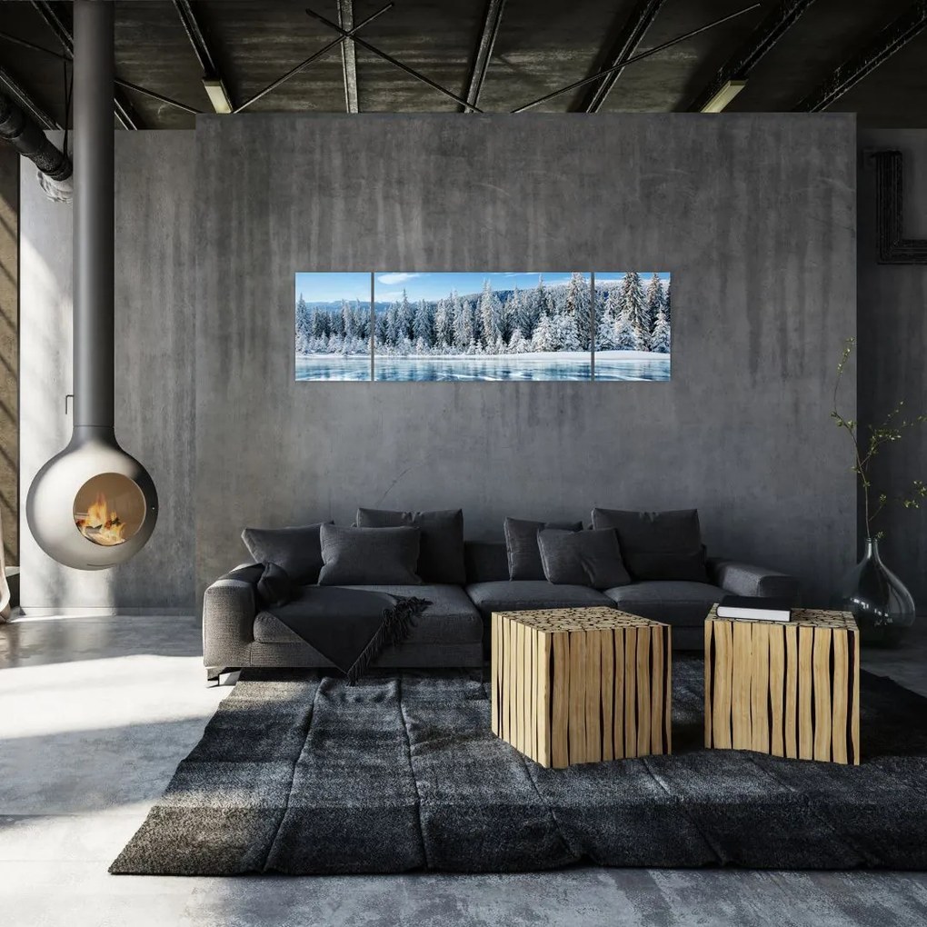 Obraz zamarzniętego jeziora i pokrytych śniegiem drzew (170x50 cm)
