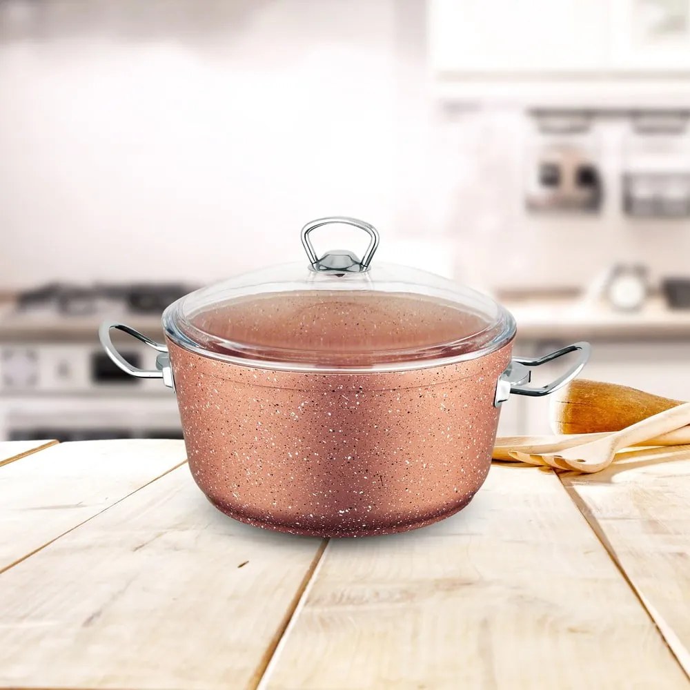 Różowy aluminiowy garnek z pokrywką Güral Porselen Classic, ø 22 cm