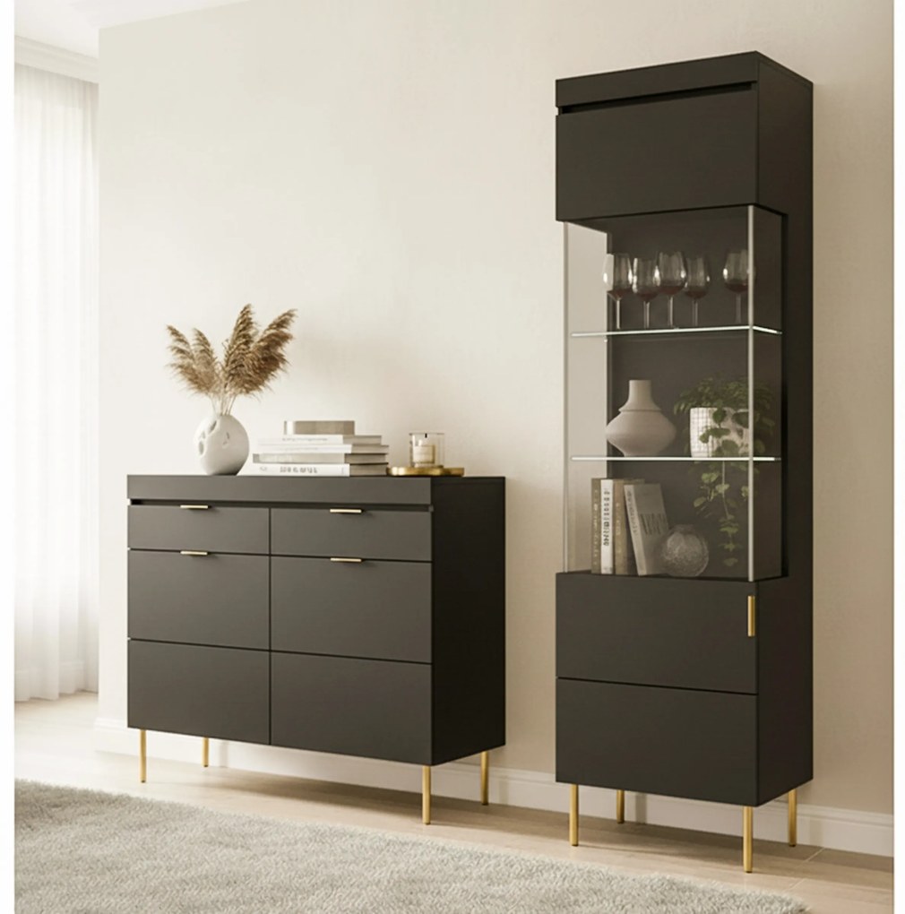 Komoda dwudrzwiowa Sentia 105 z dwoma szufladami - czarny / złoty