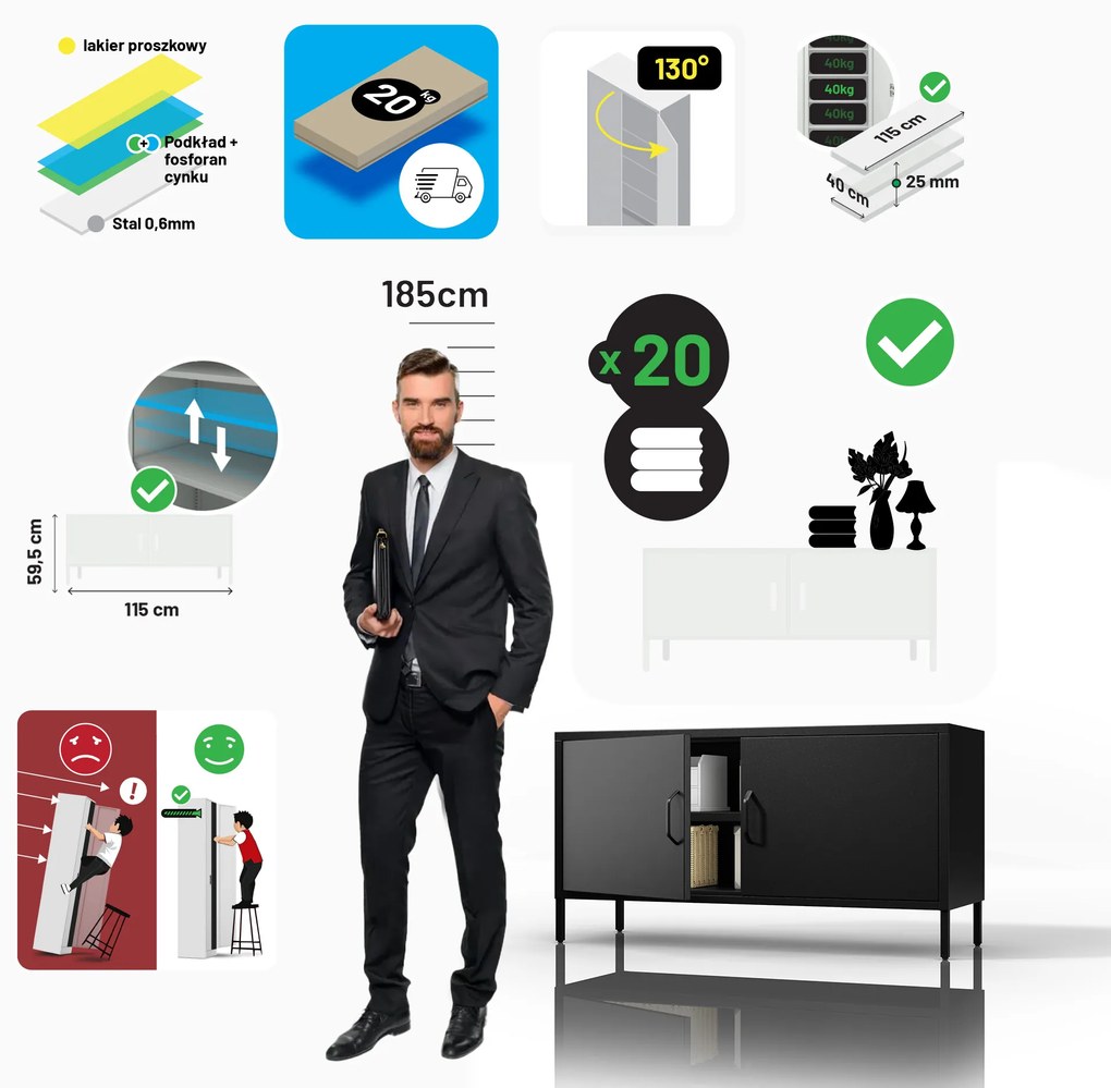 Metalowa szafka RTV czarna ROSA Modern