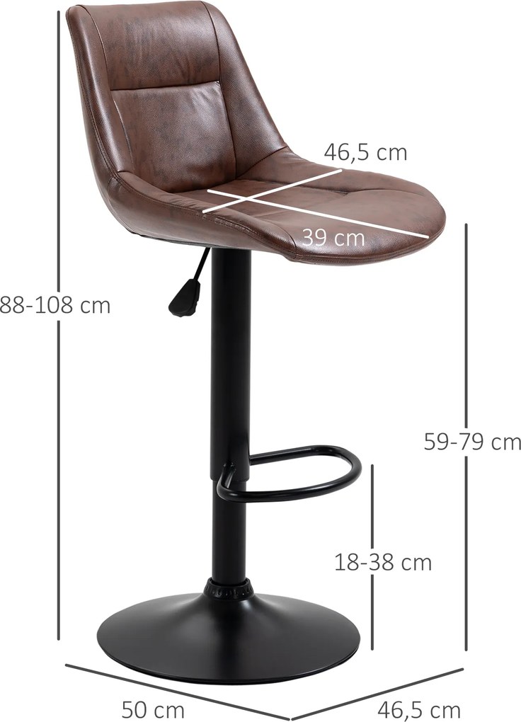 HOMCOM Zestaw 2 hokerów barowych regulowane z podnóżkiem czarne i brązowe nowoczesne | Aosom PL