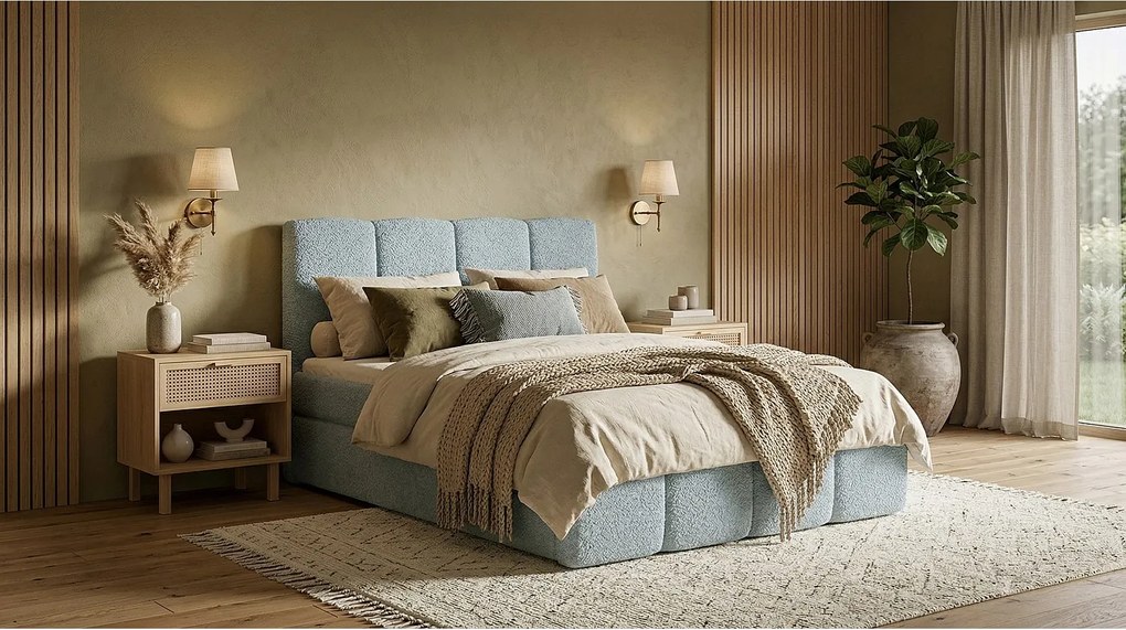 Stylowe łóżko tapicerowane KORA 160x200 cm w tkaninie CENTAUR 9 jasnoniebieskiej