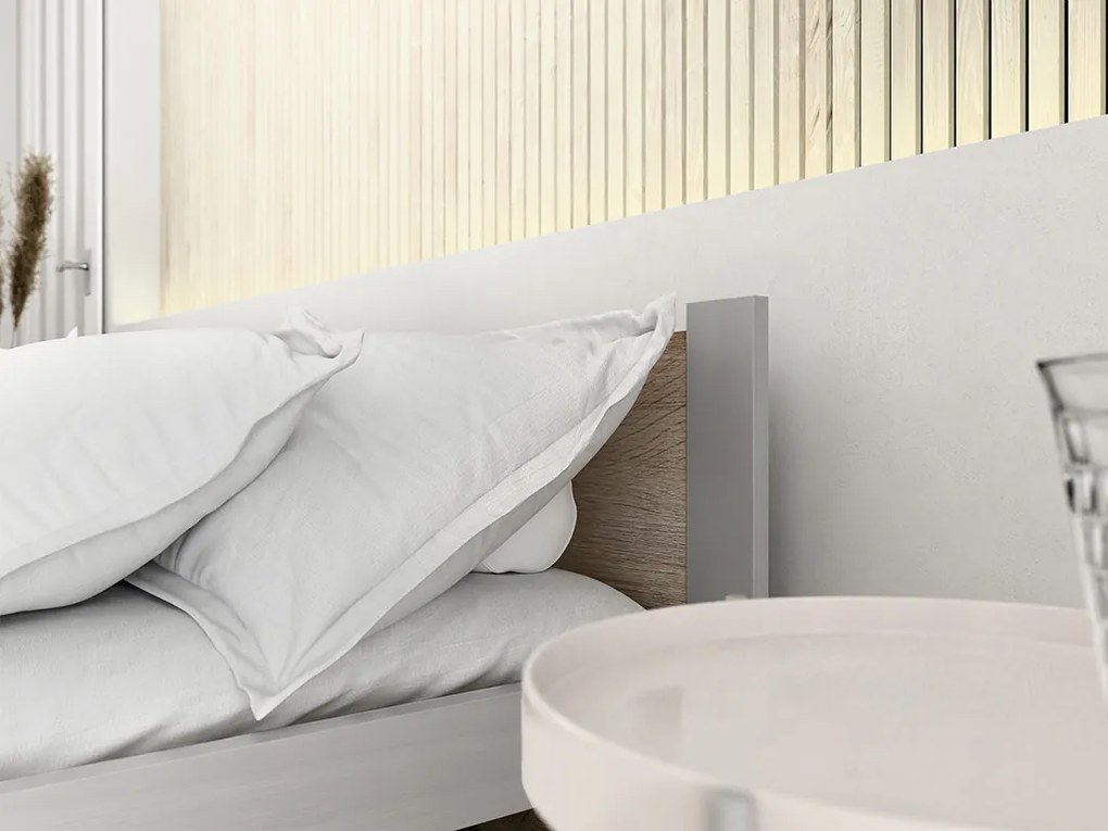 Łóżko IKAROS 90 x 200 cm, dąb sonoma/szary Stelaż: Ze stelażem listwowym elastycznym, Materac: Materac Somnia 18 cm
