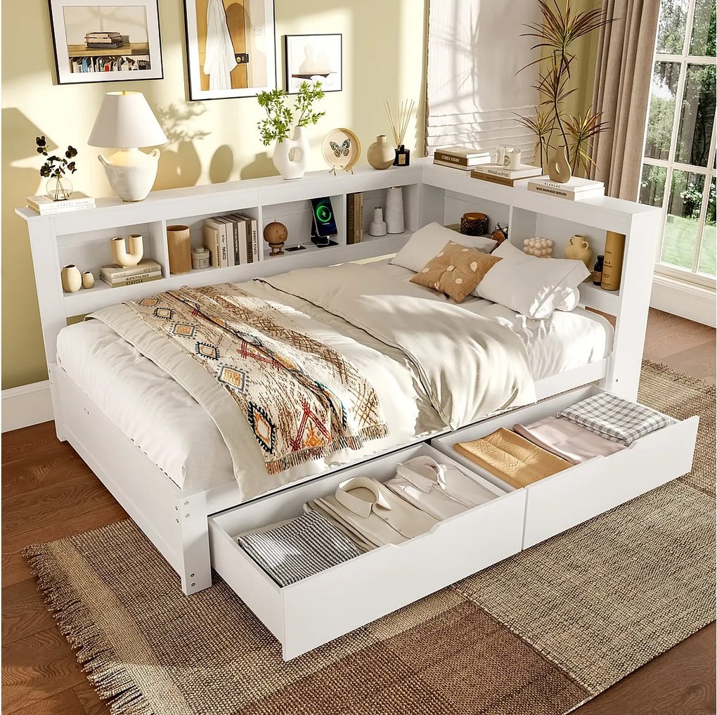 Łóżko dzienne 140x200 cm, łóżko dziecięce z 2 szufladami i półką, 2 porty USB – białe (bez materaca)