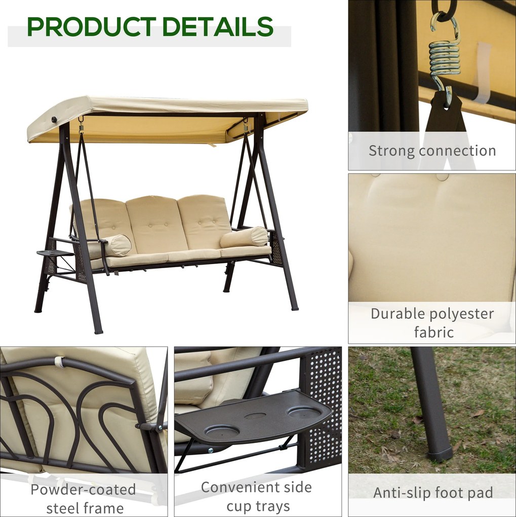 Huśtawka ogrodowa Outsunny 3-osobowa z dachem, beżowo-brązowa, 121×208×172 cm