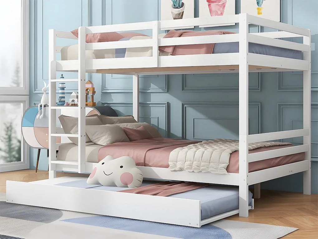 Łóżko piętrowe 2x140x200cm z łóżkiem wysuwanym 90x190cm - z barierką i schodami - Białe