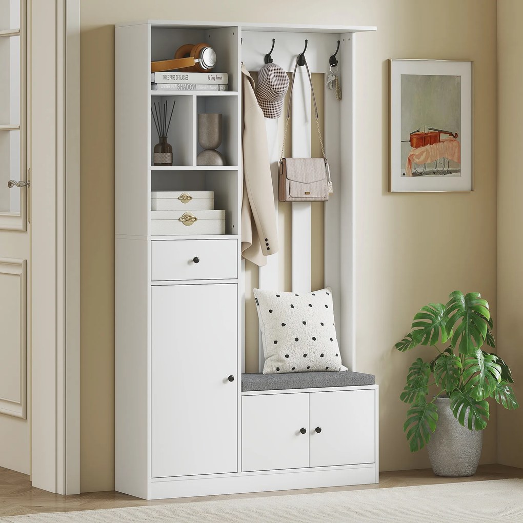 HOMCOM Szafa garderobiana 180 cm z wieszakiem, ławką na buty, 4 haczykami, otwartymi półkami, MDF, Biały
