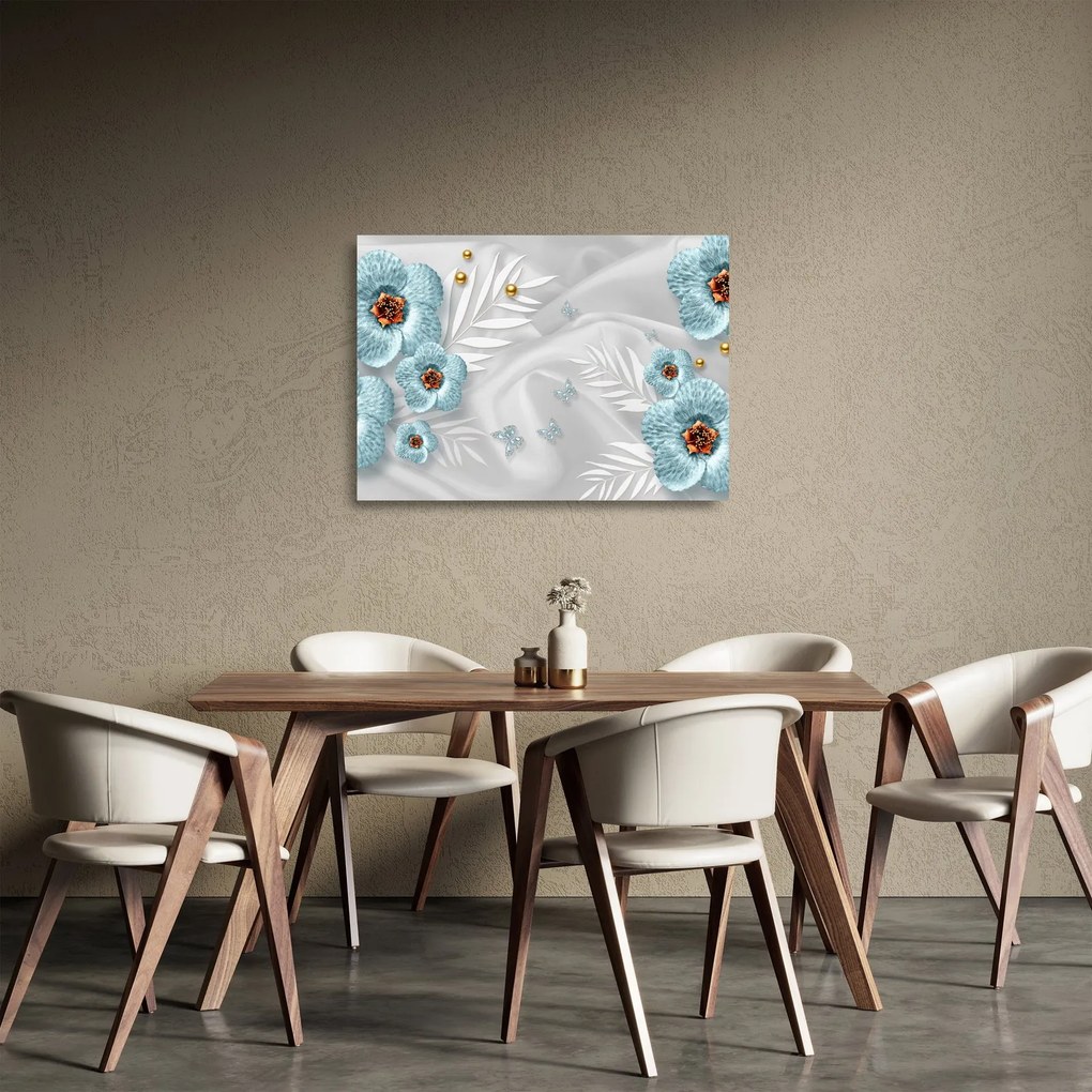 Obraz na szkle - 3D niebieskie kwiaty (70x50 cm)