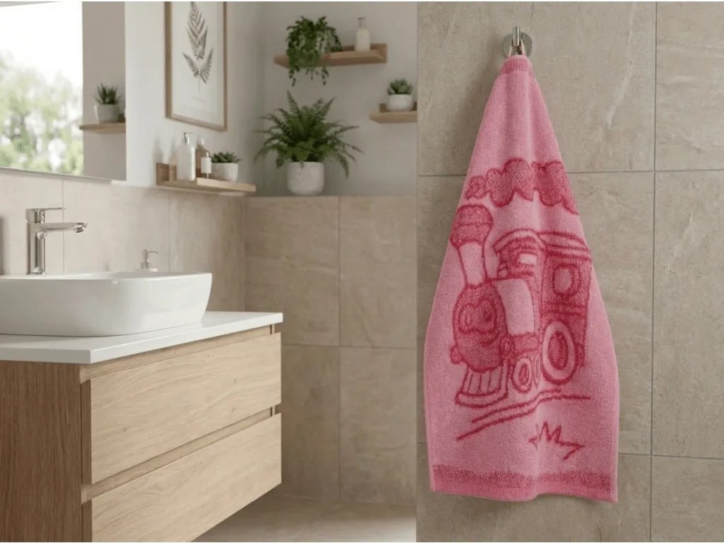 Ręcznik kąpielowy dziecięcy BEBÉ lokomotywa różowy 30x50 cm