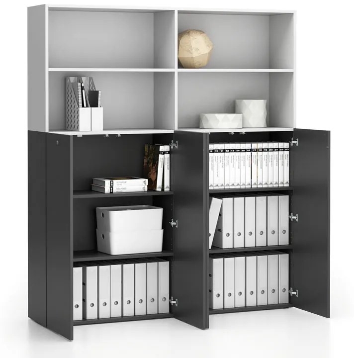 Szafa biurowa podwójna SEGMENT 2-drzwiowa, zamykana, 8 półek, biała / grafit