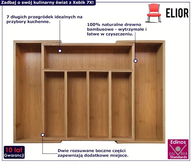 Rozsuwany wkład do szuflady z naturalnego bambusa - Xebik 7X