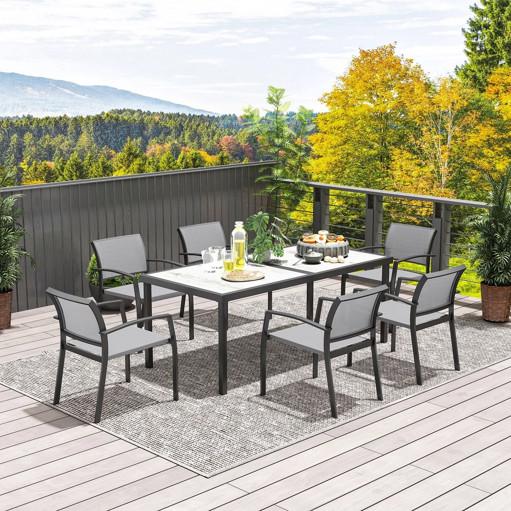 Outsunny 7-częściowy Zestaw Stołowy, 6 Krzeseł, 1 Stół, Składane, Łatwy w Czyszczeniu, Rama Stalowa, Meble Ogrodowe, Szary