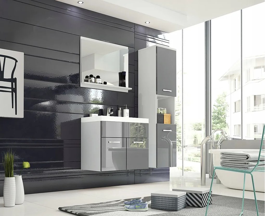 Zestaw mebli łazienkowych, komplet wiszący z umywalką, lustrem i słupkiem, korpus biały fronty szary połysk