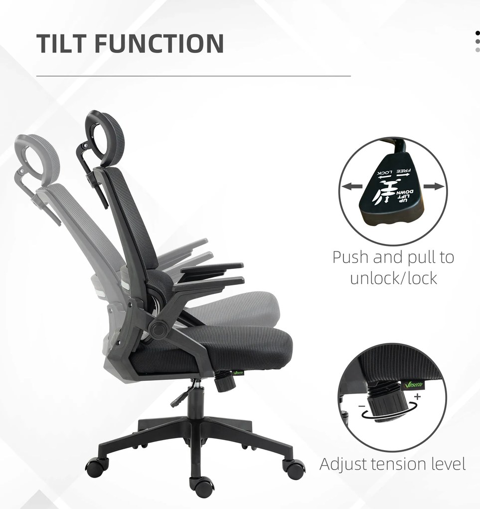 Vinsetto Fotel Biurowy Obrotowy Regulowany z Podparciem Głowy 58x61x119cm Czarny | Aosom PL