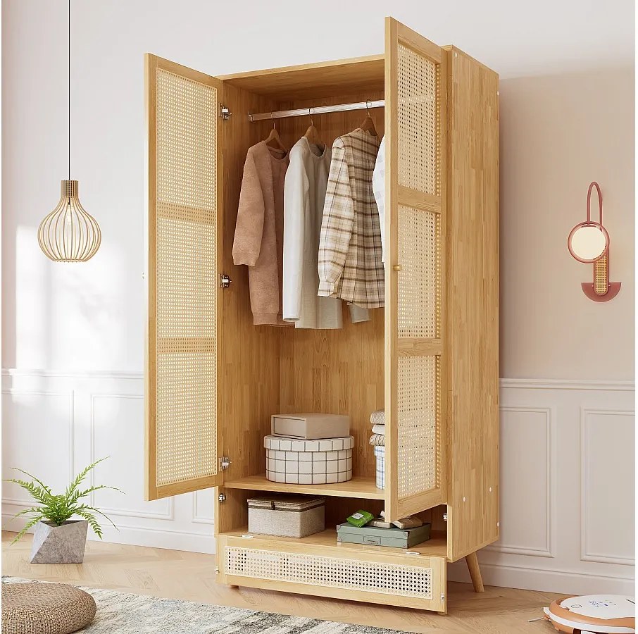 Szafa z drążkiem na ubrania - 90 x 45 x 183 cm - 3 drzwi - płyta wiórowa + technorattan - naturalny