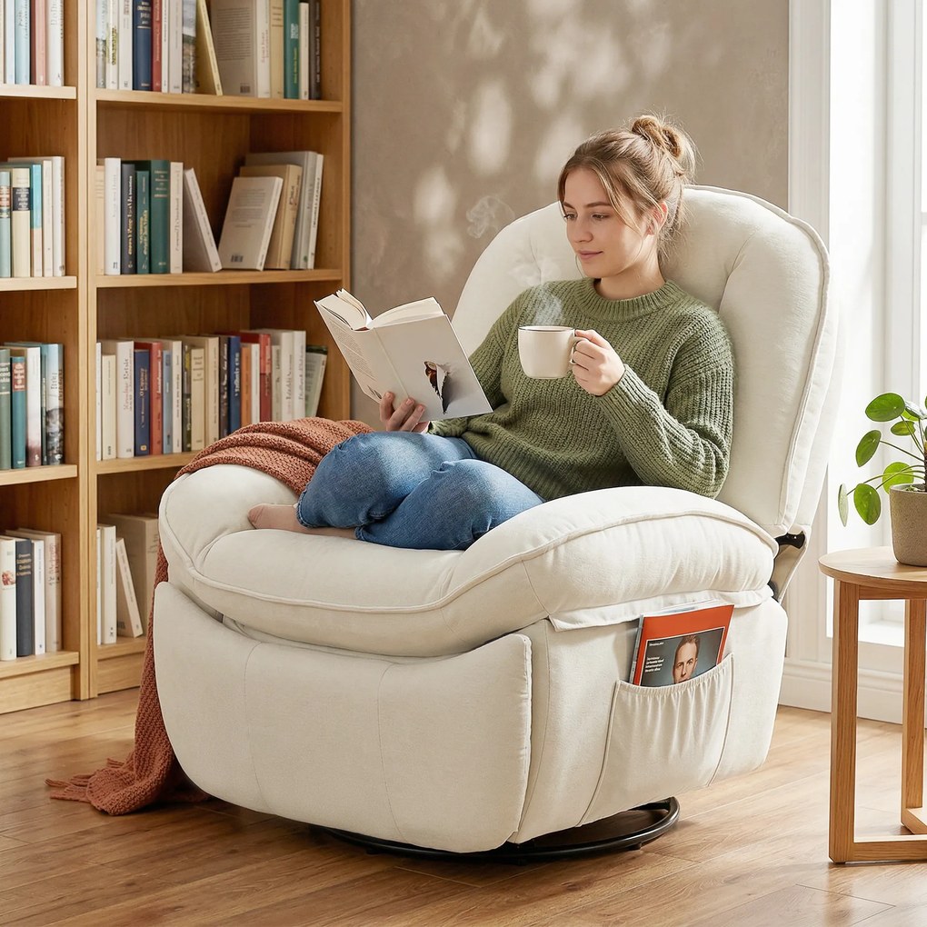 HOMCOM Fotel Relaksacyjny, Obracany Fotel z Funkcją Kołysania i Rozkładania, Głębokie Siedzisko, Grube Oparcie, Łatwy Montaż, Kremowy | Aosom PL