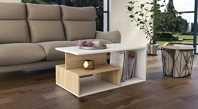 Designerska nowoczesna ława biały+dąb sonoma B7-W66