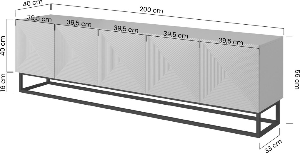 Szafka RTV Asha 200 cm z ryflowanym frontem i metalowym stelażem - artisan / rivier stone mat