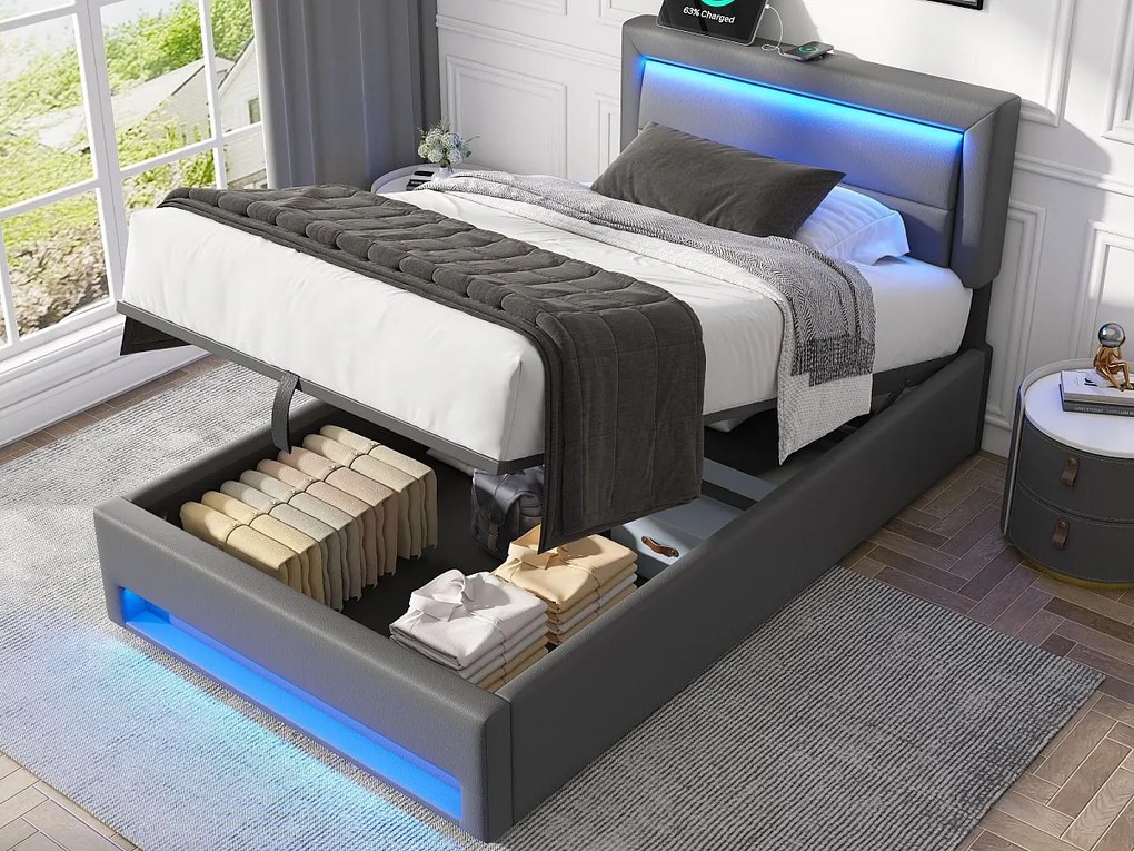 Łóżko o wymiarach 90x190 cm z ekoskóry z LED - z portami ładowania (przewodowymi i bezprzewodowymi) - Szare