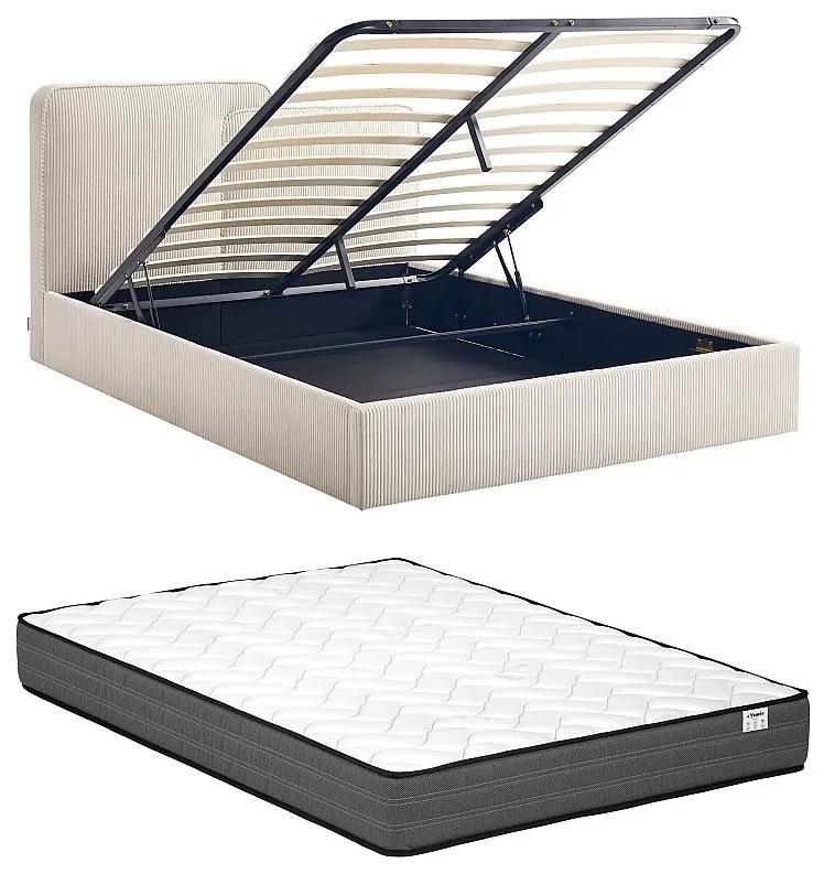 Łóżko ze skrzynią  180 x 200 cm - Welur sztruksowy - Beżowy + Materac - NAYOLA