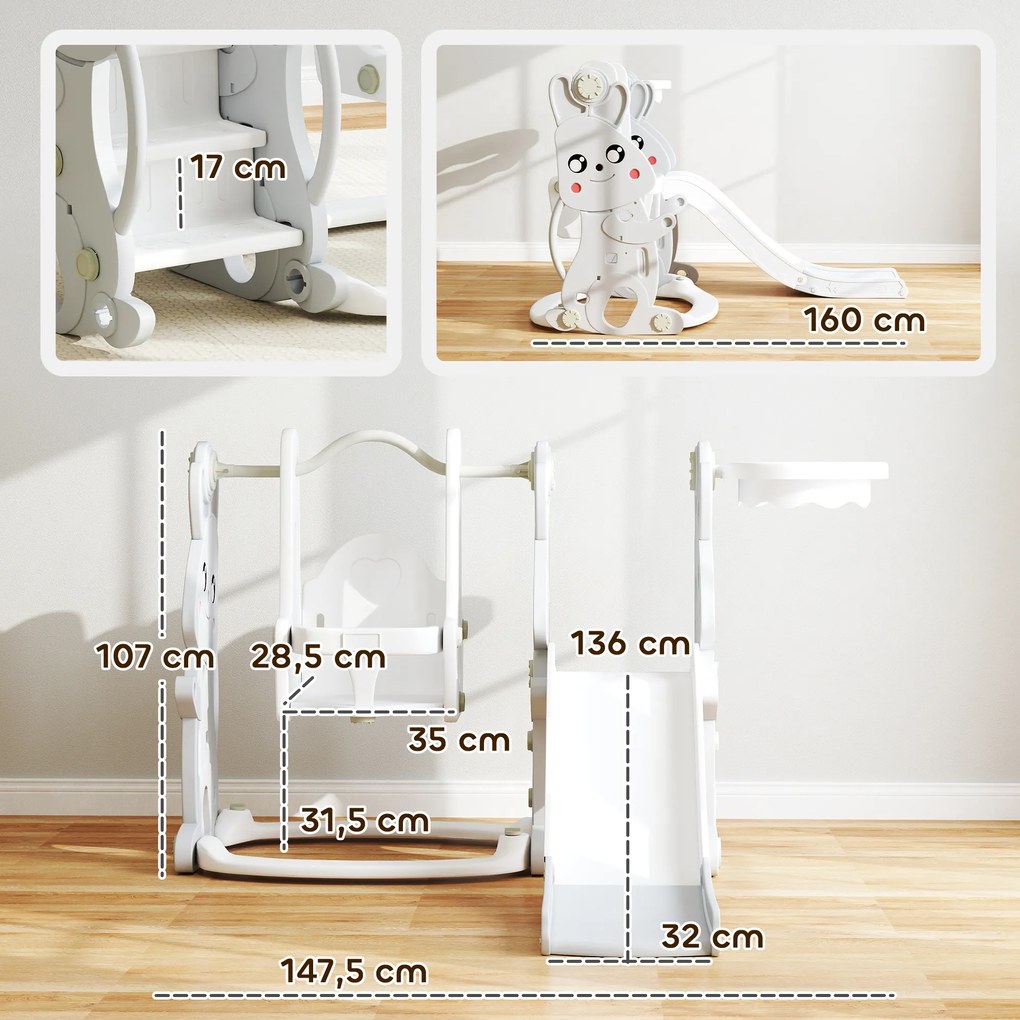 AIYAPLAY 4-w-1 Zestaw do zabawy dla małych dzieci: Zjeżdżalnia, Huśtawka, Zestaw do wspinaczki, Kosz do koszykówki, Plastik, Design z Królikiem, Szary