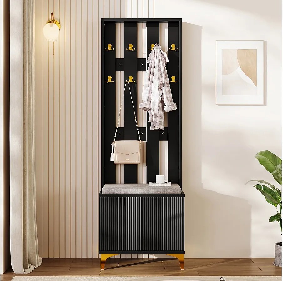 Czarny wieszak na ubrania z ławką na buty – faliste drzwi, złote haczyki i regulowane półki – nowoczesne meble do przedpokoju