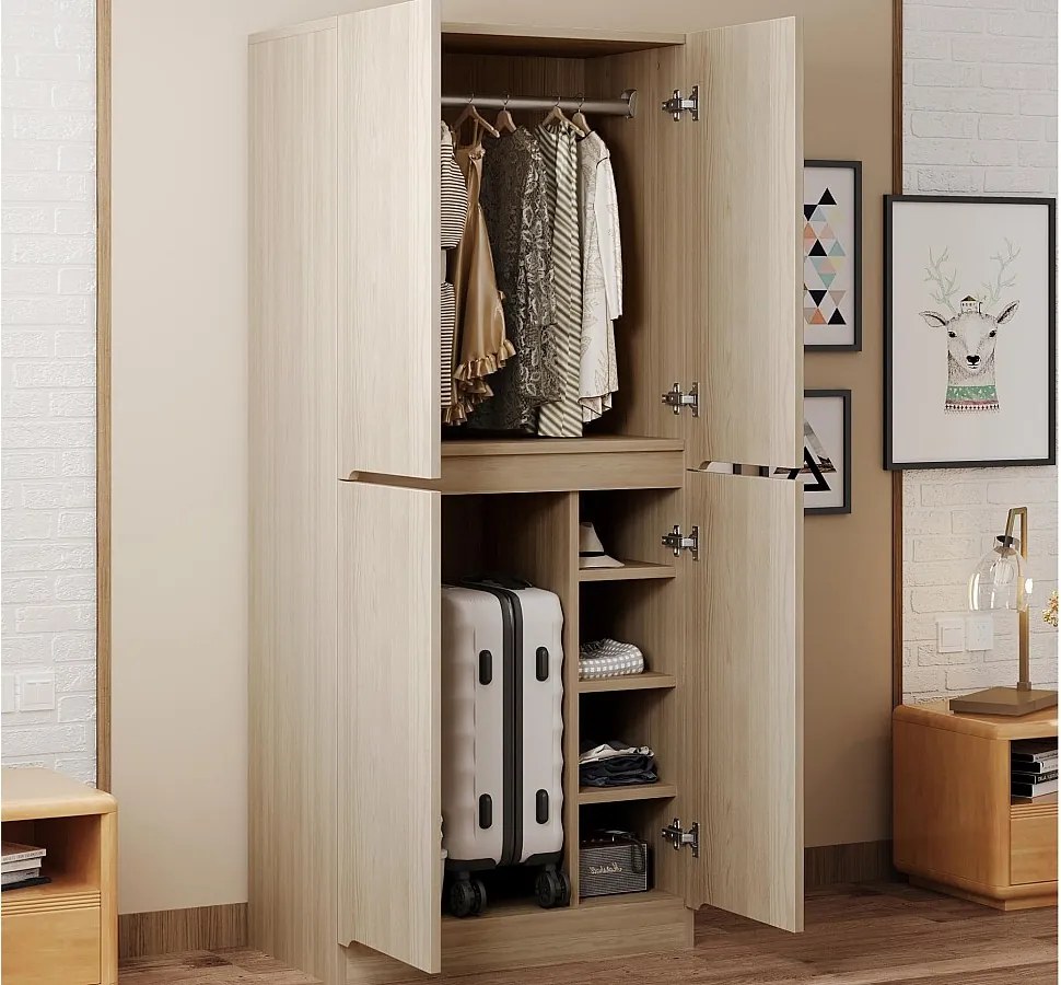 Szafa ubraniowa 70x40x170 cm - z 4 drzwiami - z przegrodami przechowawczymi - Naturalny