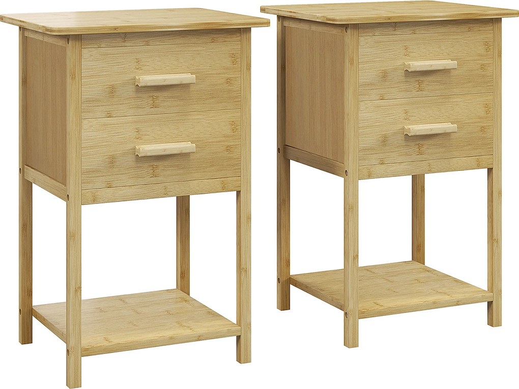 HOMCOM Szafka nocna, zestaw 2 sztuk, design skandynawski, z bambusa, 2 szuflady i półka, 40x34x60cm