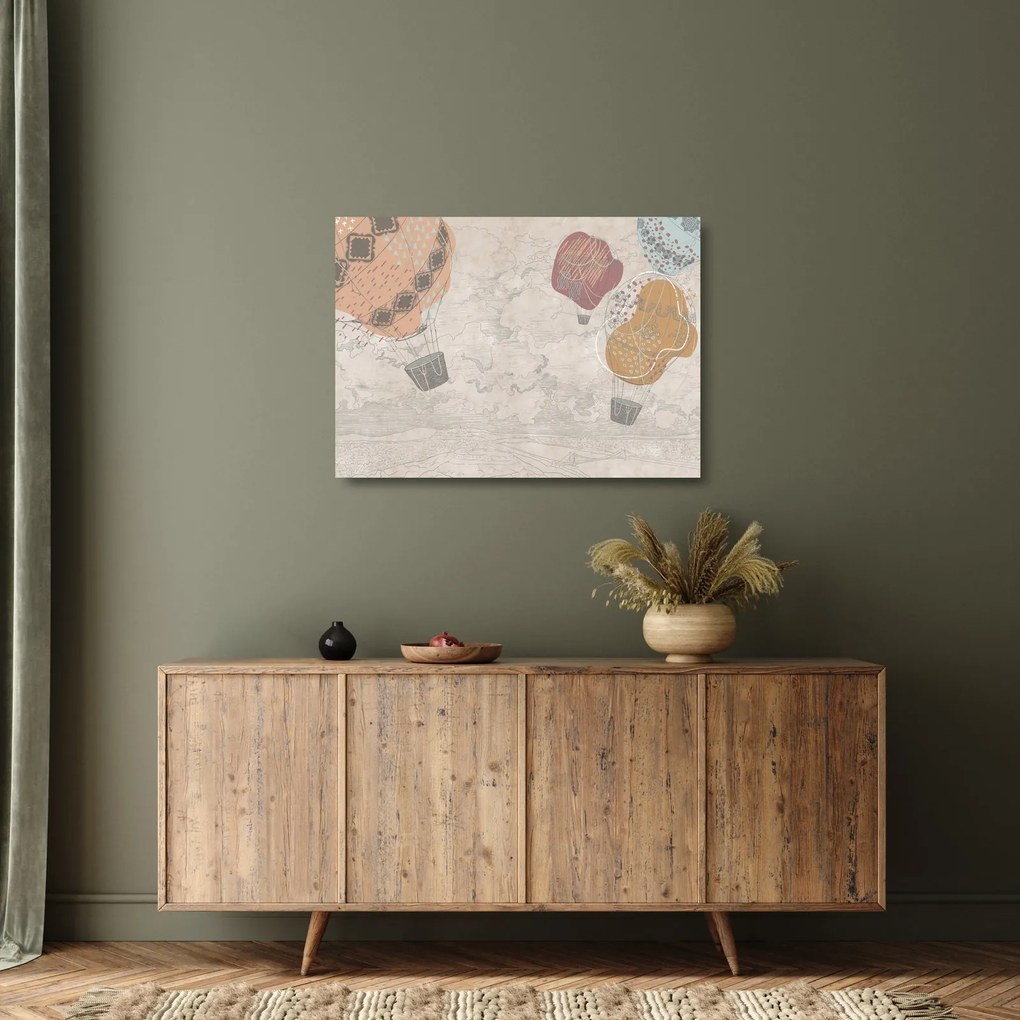 Obraz na szkle - Balony nad miastem, ciepłe odcienie (70x50 cm)