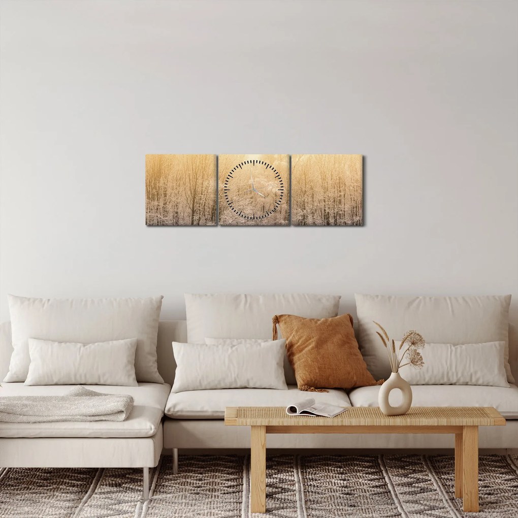 Obraz mroźnego lasu (z zegarem) (90x30 cm)
