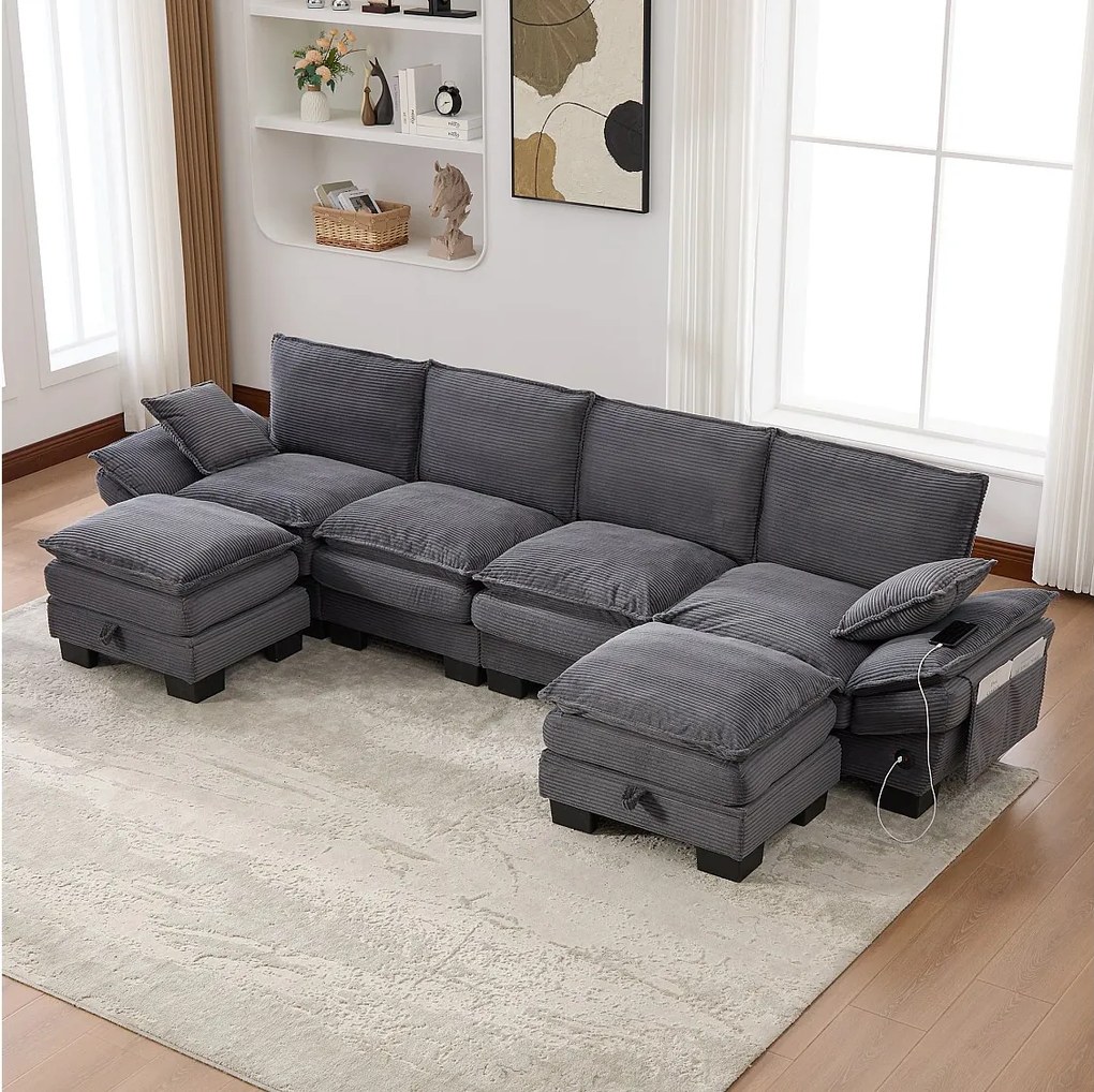 Zestaw wypoczynkowy z tkaniny sztruksowej dla 4 osób - 330 x 132 x 84 cm - z 2 pufami ze schowkiem + port USB + kieszenie - ciemnoszary
