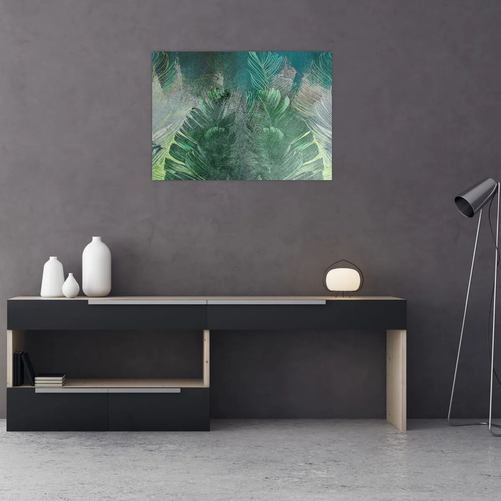 Obraz na szkle - Tekstura betonu z liśćmi (70x50 cm)