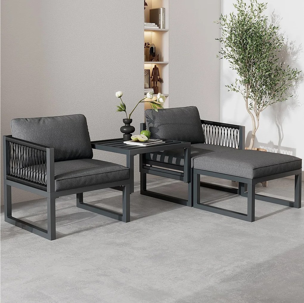 Zestaw mebli ogrodowych modułowych aluminiowych: 2 sofy + 2 podnóżki + 5 poduszek w komplecie - szary
