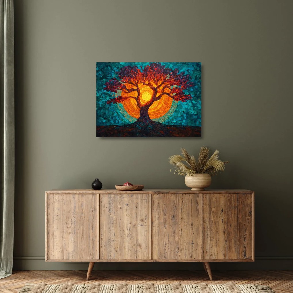 Obraz na szkle - Drzewo życia i słońce w mozaice (70x50 cm)