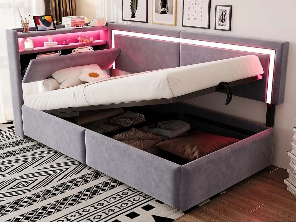 Rozkładana sofa 90x200cm - z oświetleniem LED - z portami USB - tkanina welurowa - jasnoszary​ (materac nie jest wliczony w cenę)