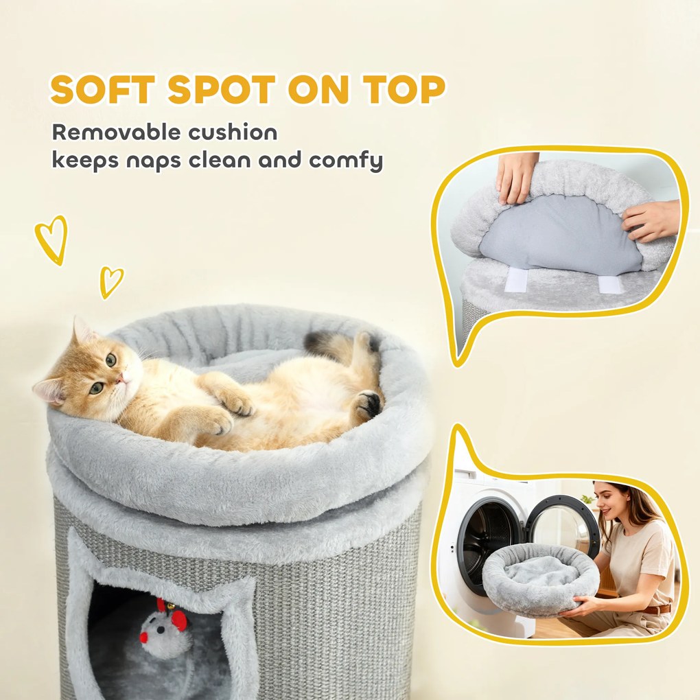 PawHut Beczka do drapania dla kotów, 96 cm, 4-poziomowa wieża dla kotów z możliwym do prania łóżkiem, 3 sypialnie, wiszące zabawki, dla wielu kotów Szary