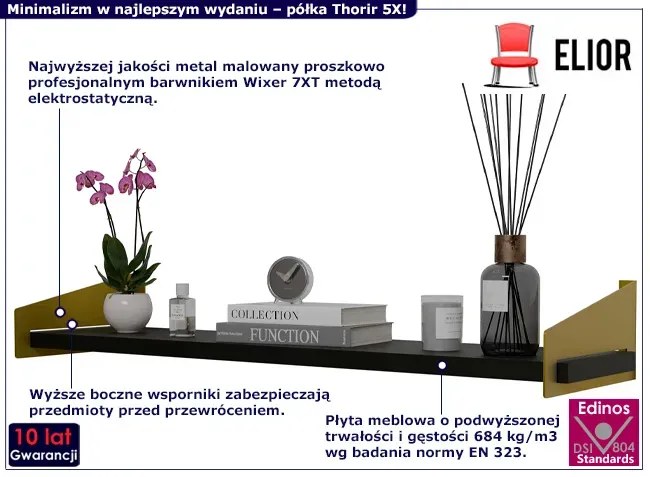 Wisząca półka w stylu glamour złoty + czarny - Thorir 5X