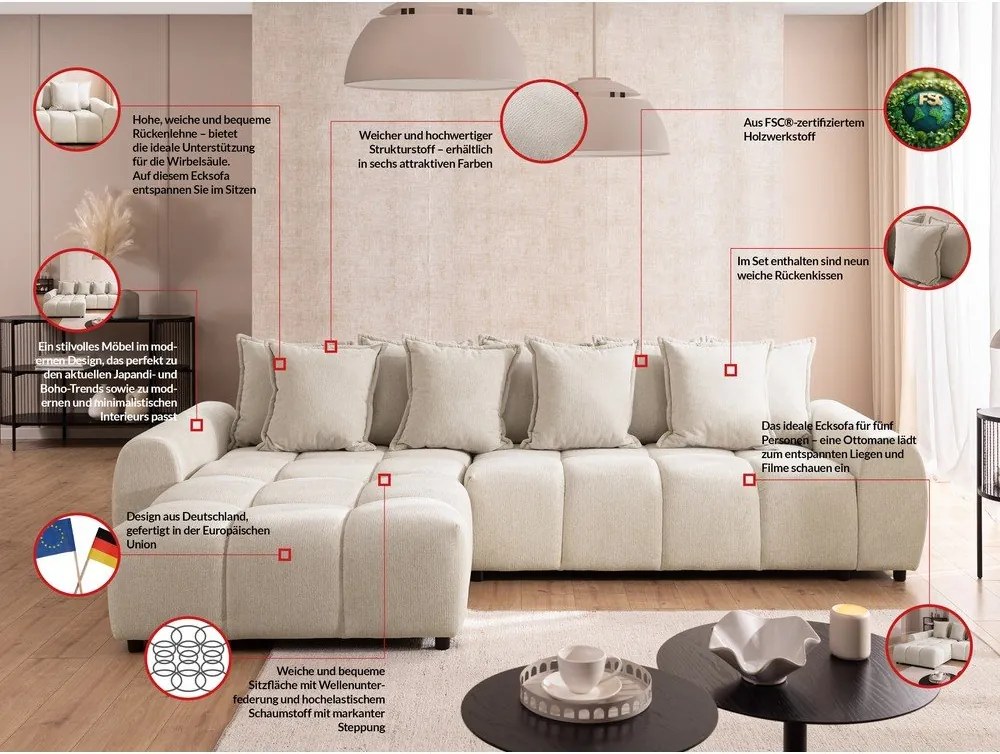 Beżowy narożnik (lewostronny/z szezlongiem) Albane – Ropez