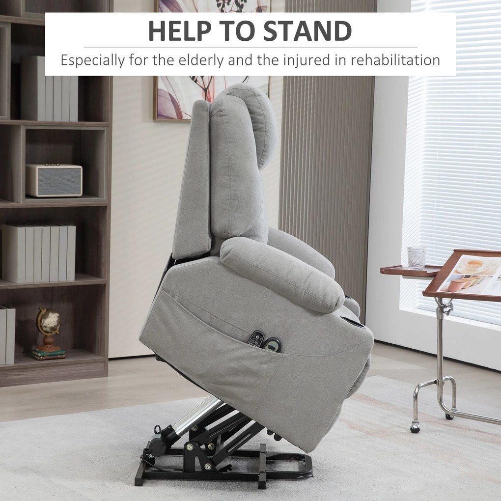 HOMCOM Fotel masujący z funkcją wstawania dla seniorów 8 punktów wibracji 2 kieszenie uchwyt na napoje szary 90x101x107 cm | Aosom PL