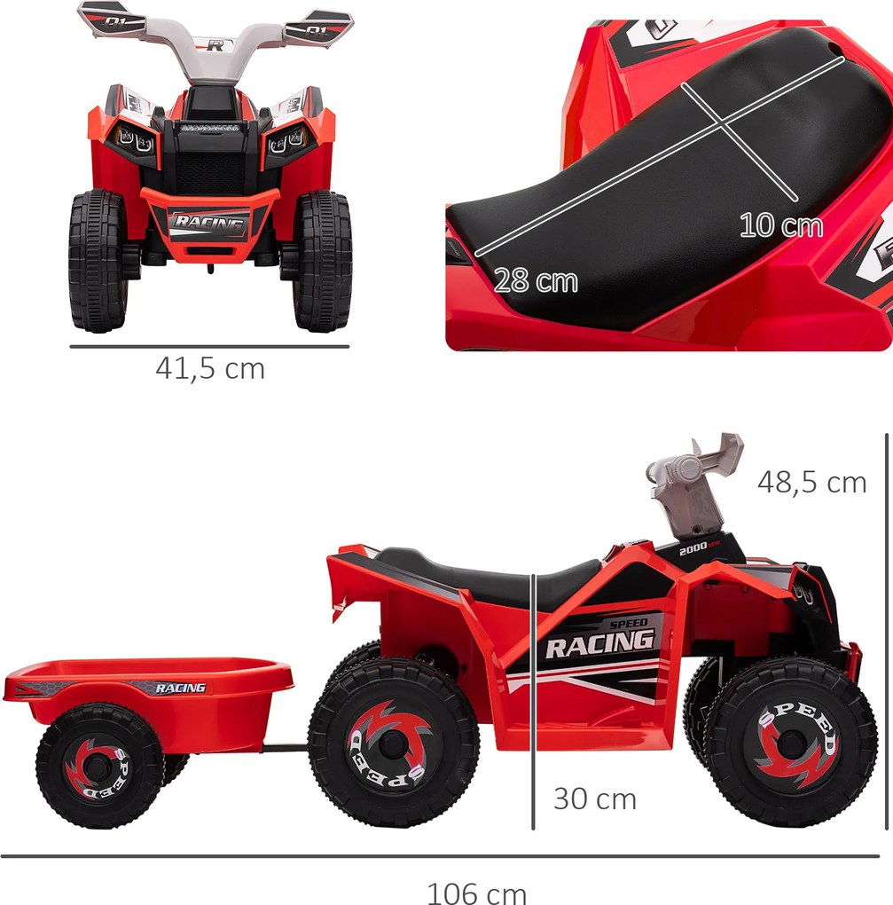 HOMCOM Elektryczny Quad dla Dzieci z Przyczepką, 2,5 km/h, do 50 Minut Jazdy, dla Dzieci 1,5-3 Lata, do 25 kg, Czerwony