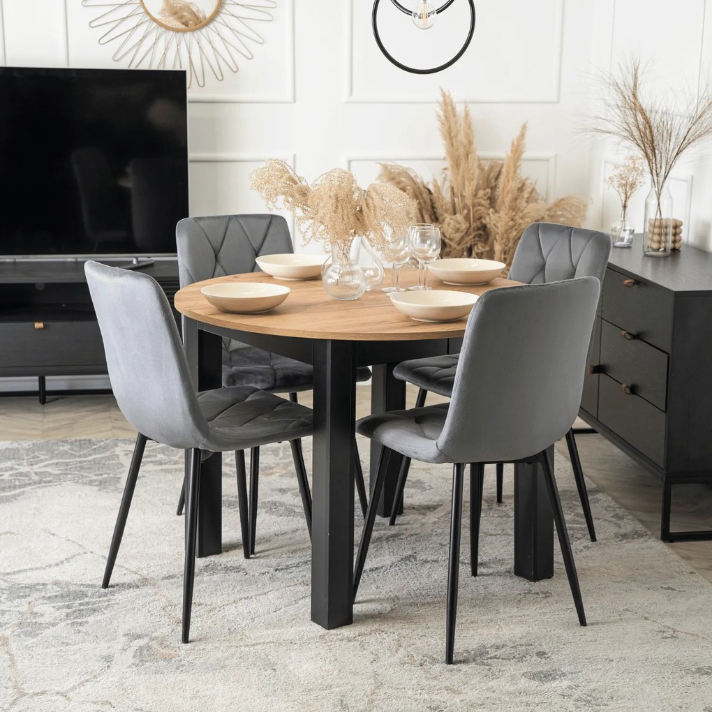 Zestaw Stół Okrągły Rozkładany HARRY 102-142 cm Dąb Craft/Czarny i 4 Krzesła Tapicerowane ROBIN Szare Nowoczesne