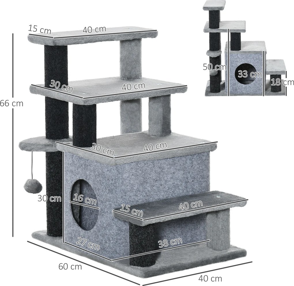 PawHut Drapak dla kotów schodki z piłką i domkiem regulowana wysokość czarno-szary 60x40x66cm | Aosom PL