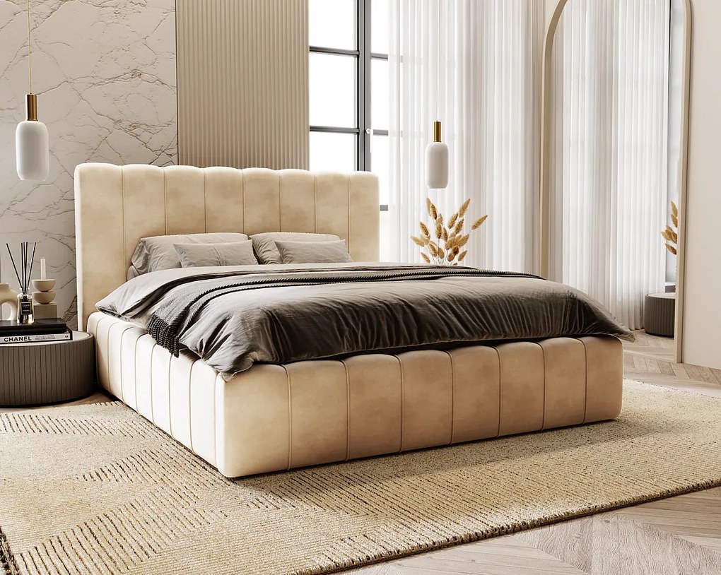 Emporius Lisbon łóżko dwuosobowe z pojemnikiem - łóżko tapicerowane 200x200 cm - nowoczesny styl, wysoka jakość - aksamit, wanilia (Magic Velvet 2201)