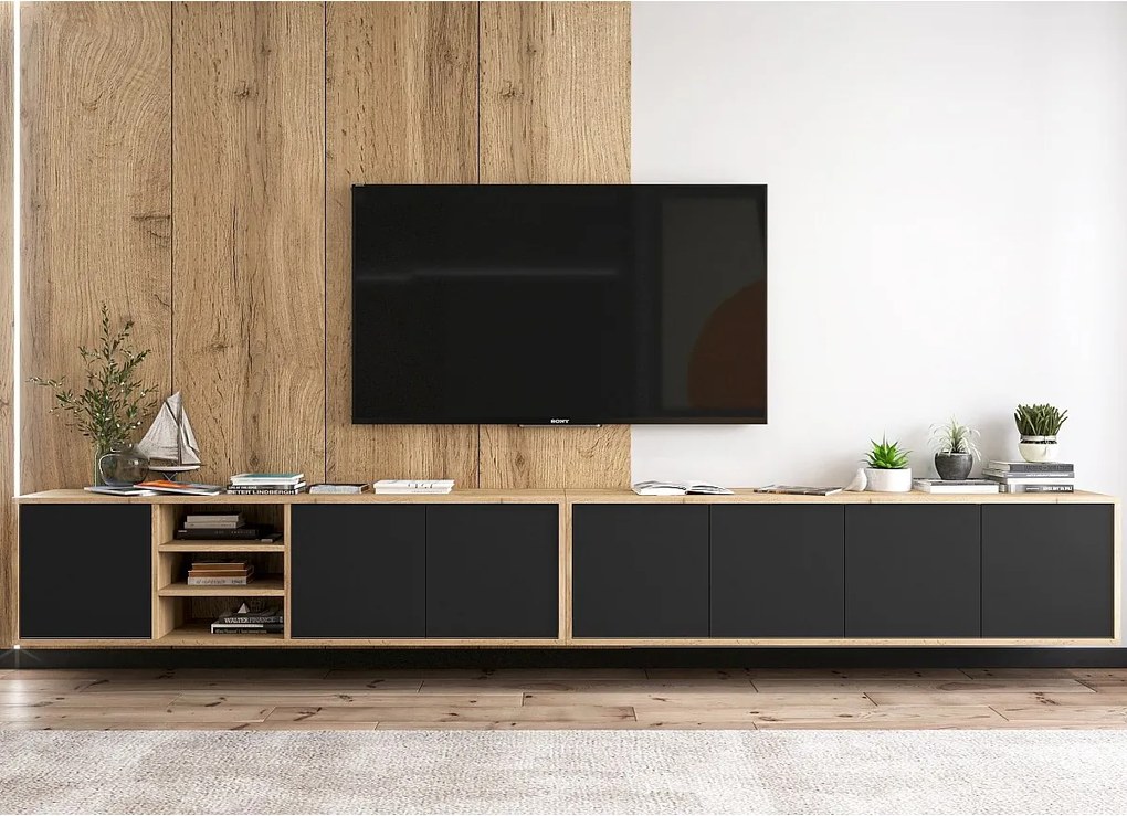 Szafka RTV z 7 drzwiami i 1 wnęką – korpus dąb wotan, fronty czarny mat – 300 cm