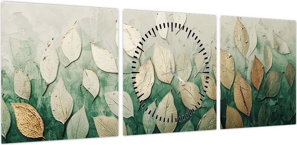 Obraz - Złoto-zielone liście (z zegarem) (90x30 cm)
